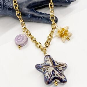 NEW Ceramic Starfish Gold Link Charm Necklace